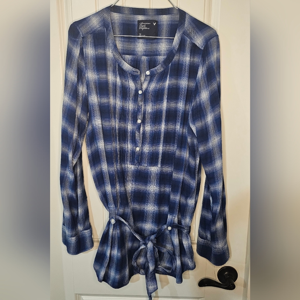 [AEO] Blue & White Plaid Tunic Top Waist Tie ♡♡ Like New [14]